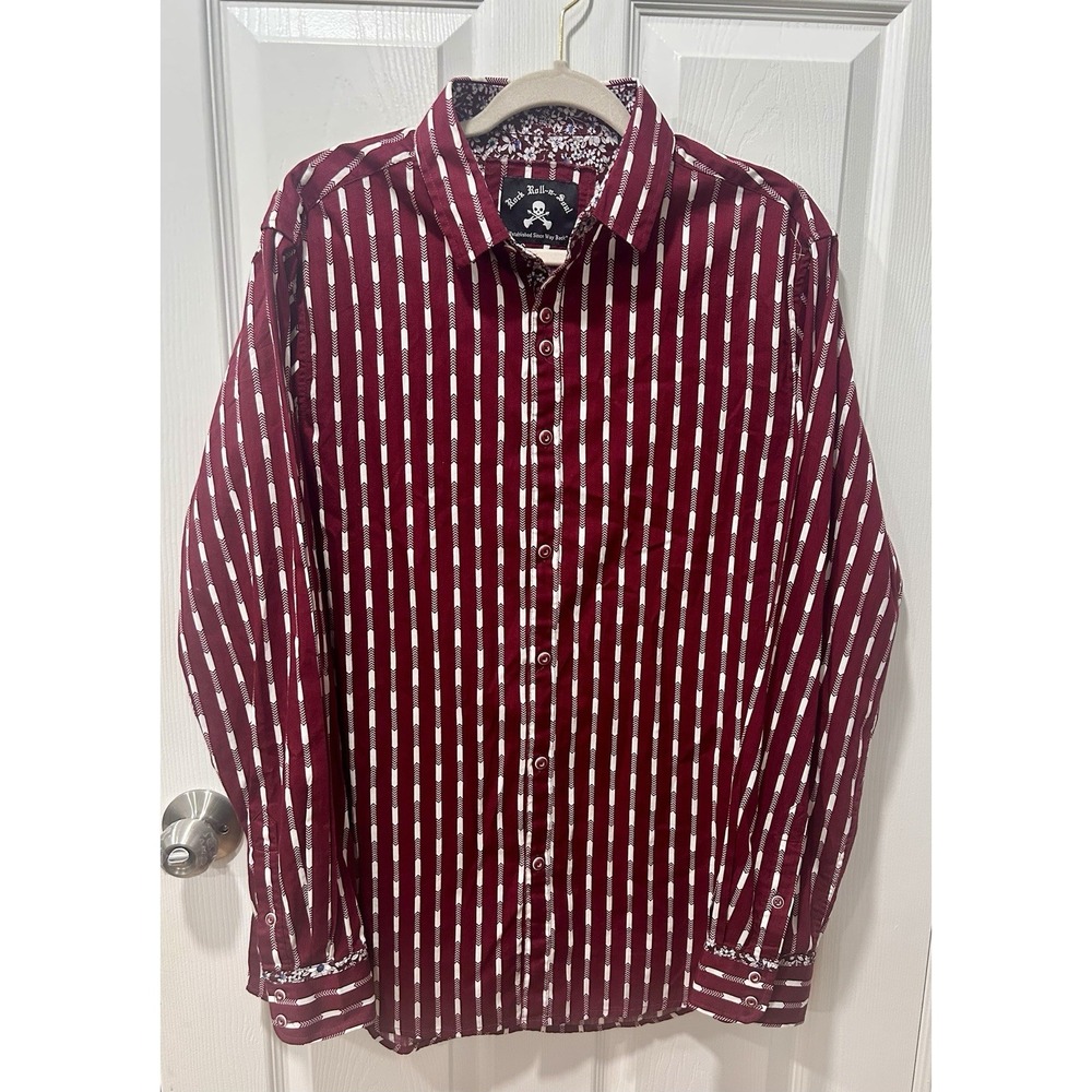 Rock Roll N Soul Shirt Men's Sz L Burg Chevron Print Long Sleeve Floral Contrast